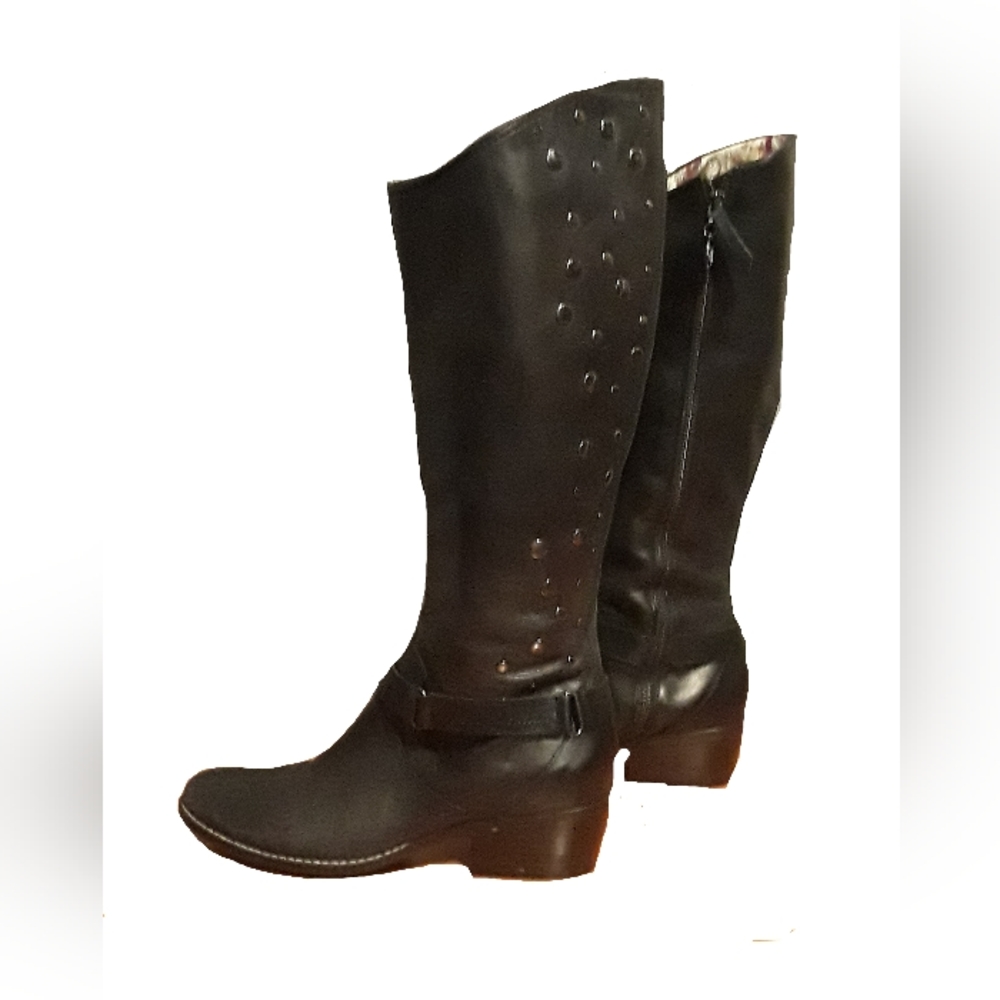 Libby Edelman Black Leather Studded knee high boots